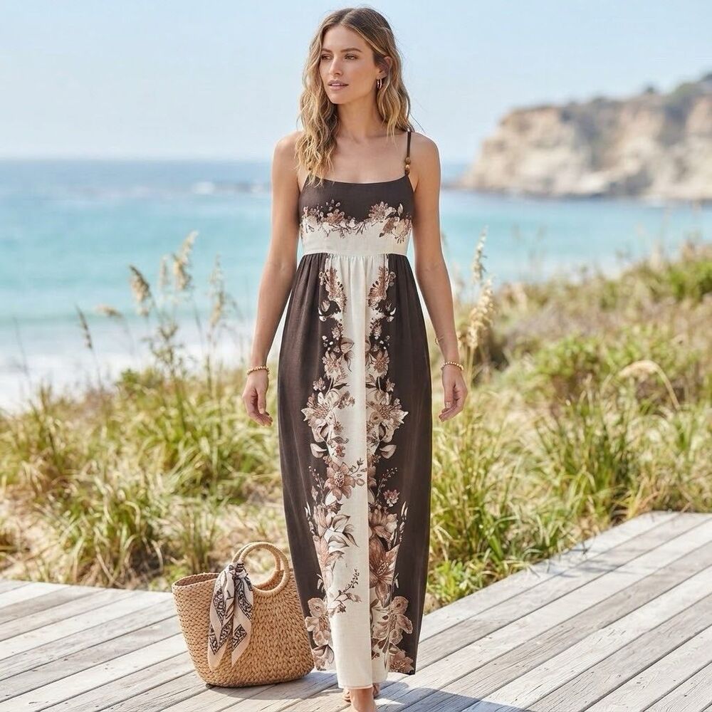 House Of Harlow 1960 Floral Linen Maxi Dress Size M Brown Cream Boho Coastal NWT